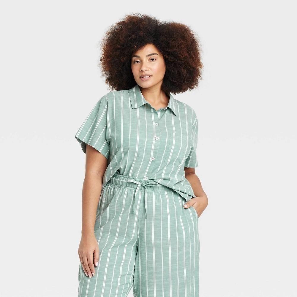 Women's Striped Cotton Blend Short Sleeve Pajama Shirt Only NWT - Auden Green 4X